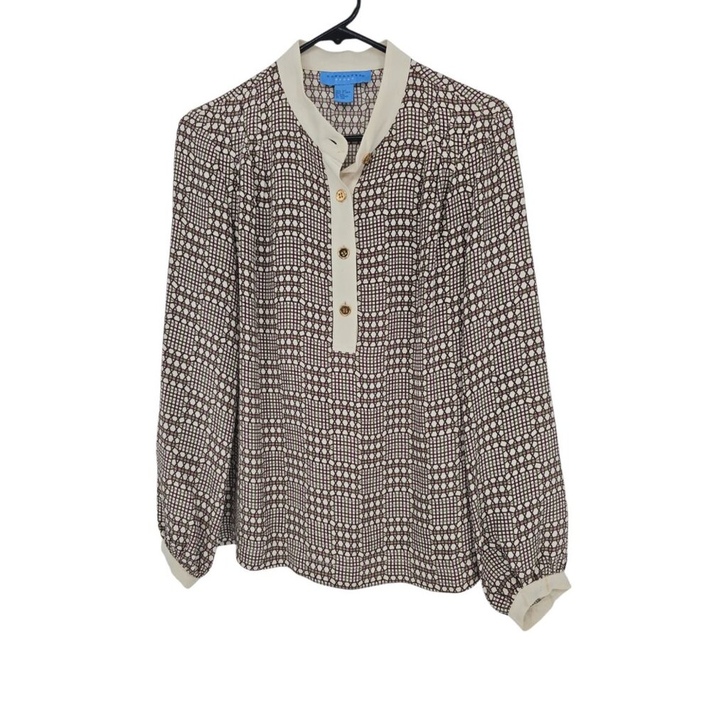 Doncaster Size 10 Womens Top Brown Artsy Geometric Print Silk Henley Blouse